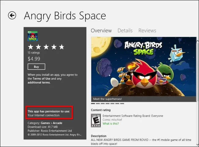 Angry Birds Space app listing displayed in Google Play