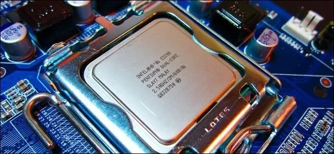 Intel processor installed on a computer motherboard.