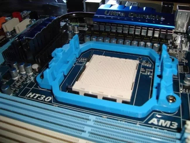 Empty processor socket on a desktop motherboard.