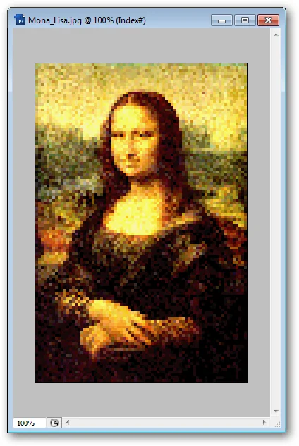 Close-up pixelated version of the Mona Lisa portrait