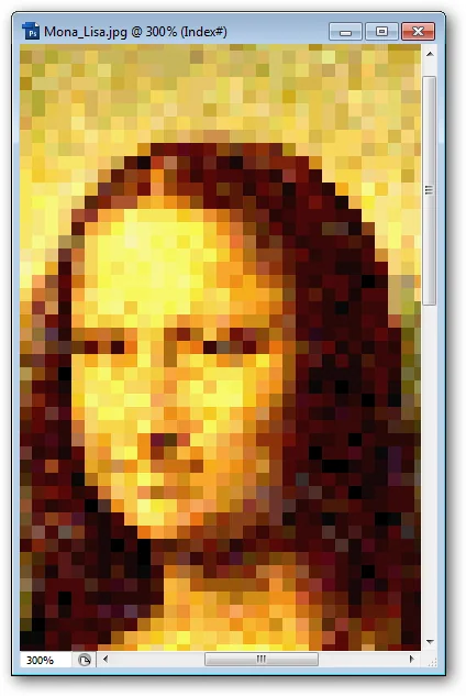 Pixelated Mona Lisa portrait shown at enlarged scale