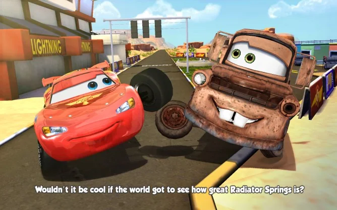 Two animated cars from a racing game