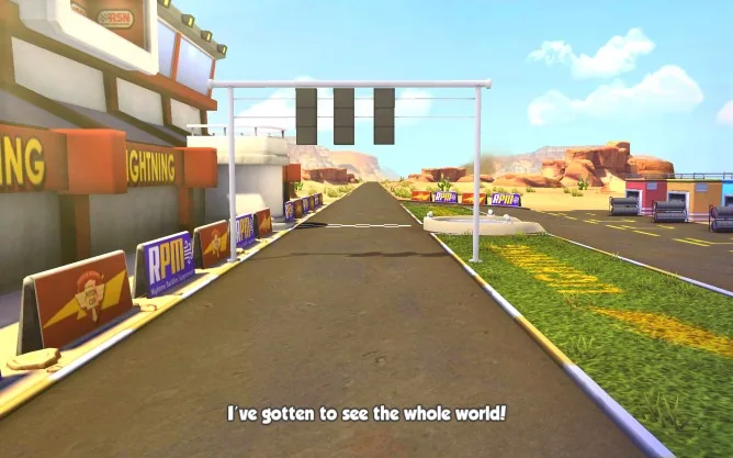 Animated cars racing on a colorful city track