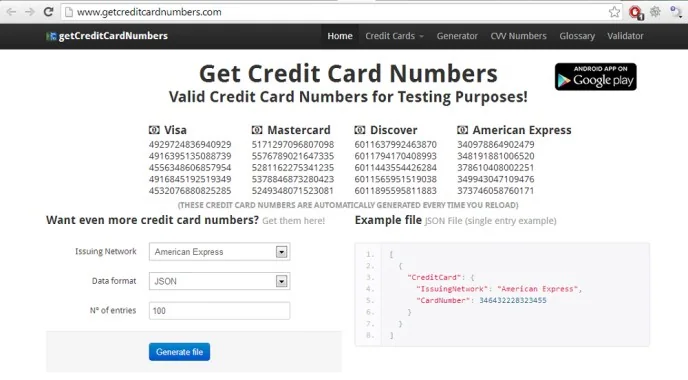 Credit card number generator webpage shown in a browser
