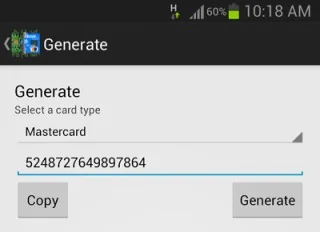 Android app displaying generated credit-card test numbers