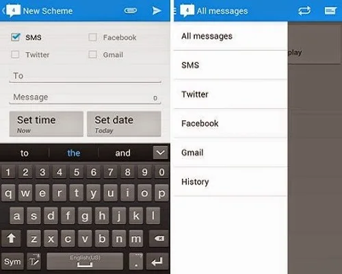 How to Schedule SMS Text and Social Messages in Android Phone Android message scheduling interface with a date and time picker