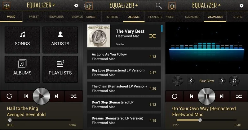 Android music player interface with a music library and equalizer controls