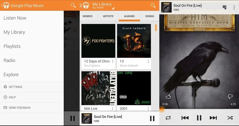 Android music player interface with album artwork, playlist and playback controls