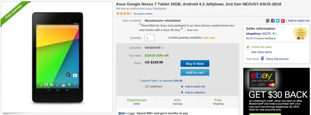 [Update: It's Back Again] Deal Alert: Refurbished 2013 16GB Nexus 7 For Just $129.99 Returns To eBay Daily Deals