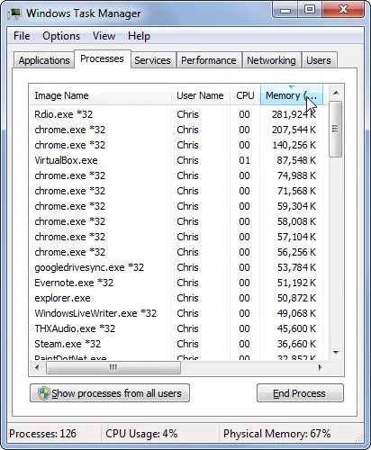 Windows Task Manager process list with resource usage