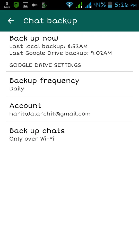 WhatsApp chat backup settings on a smartphone