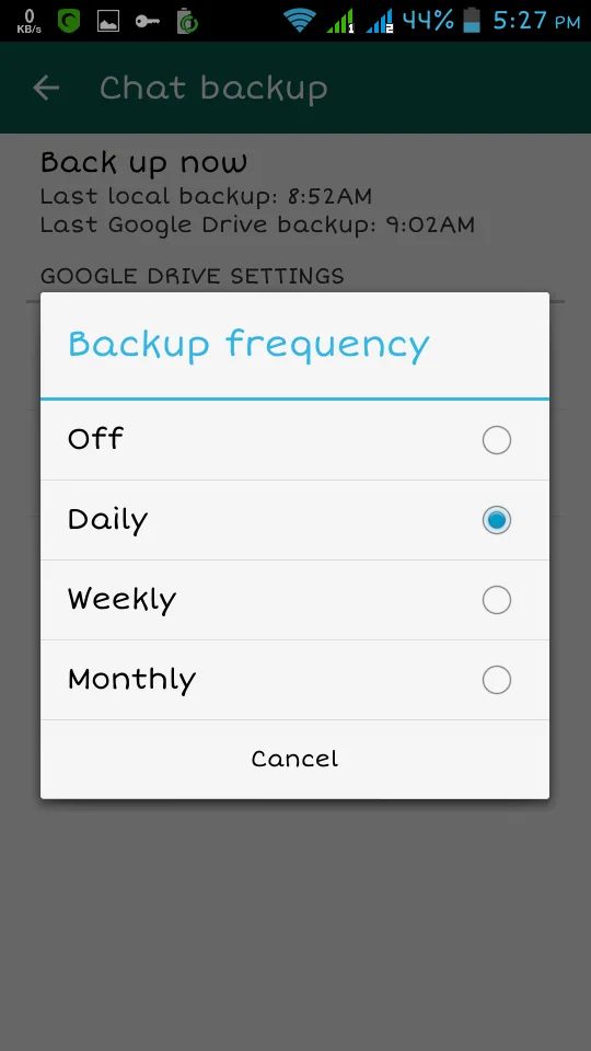 WhatsApp chat backup frequency options on a smartphone